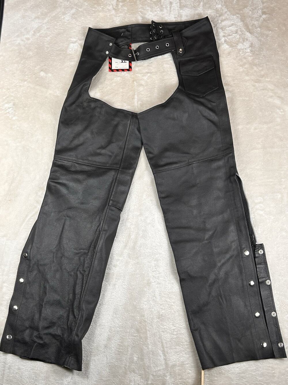 ZONY Men's Unisex Motorcycle Riding Chaps Size XL Black Leather Snaps Zippers